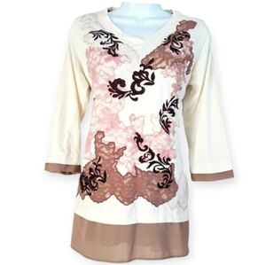 NWOT LOGO cream brown tan & pink lace floral T-shirt top Women Medium